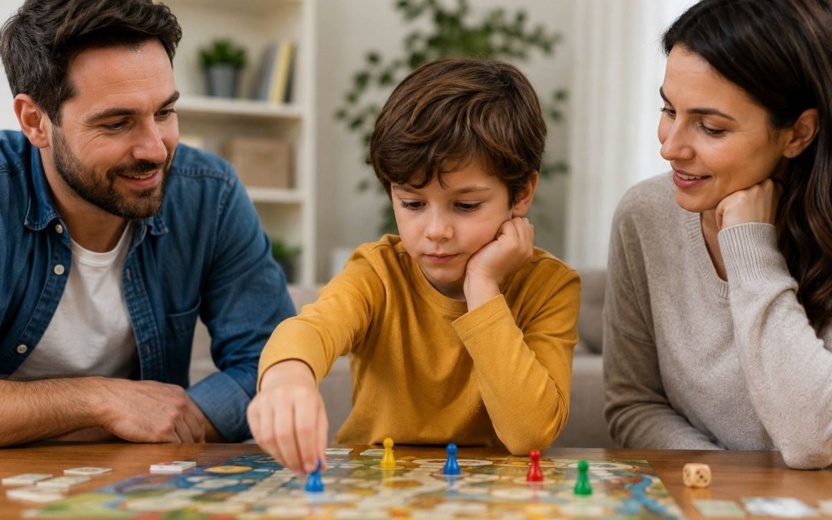 Jeune enfant participant à une partie de jeu de société en famille avec le soutien de ses parents, illustrant l'apprentissage de la persévérance et la gestion du découragement.