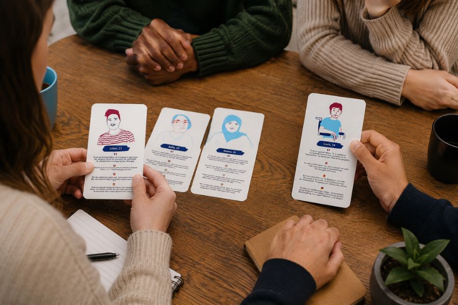Groupe échangeant autour d’un jeu pédagogique sur les préjugés, les stéréotypes et la diversité.
