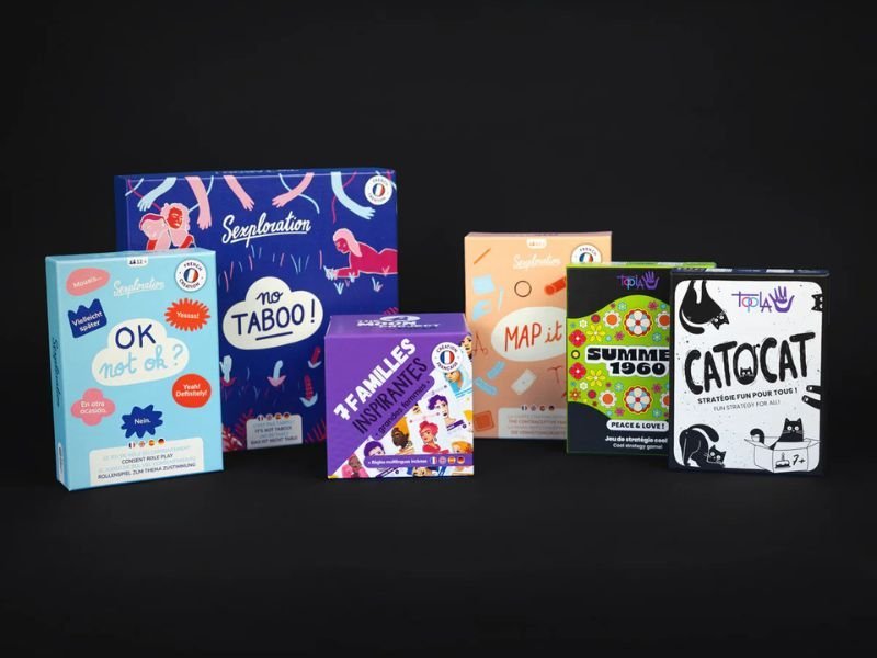 Jeux d’ambiance de la marque Topla incluant Sexploration, no TABOO!, OK not OK?, 7 familles inspirantes, MAP it, Summer 1960 et CATOrCAT
