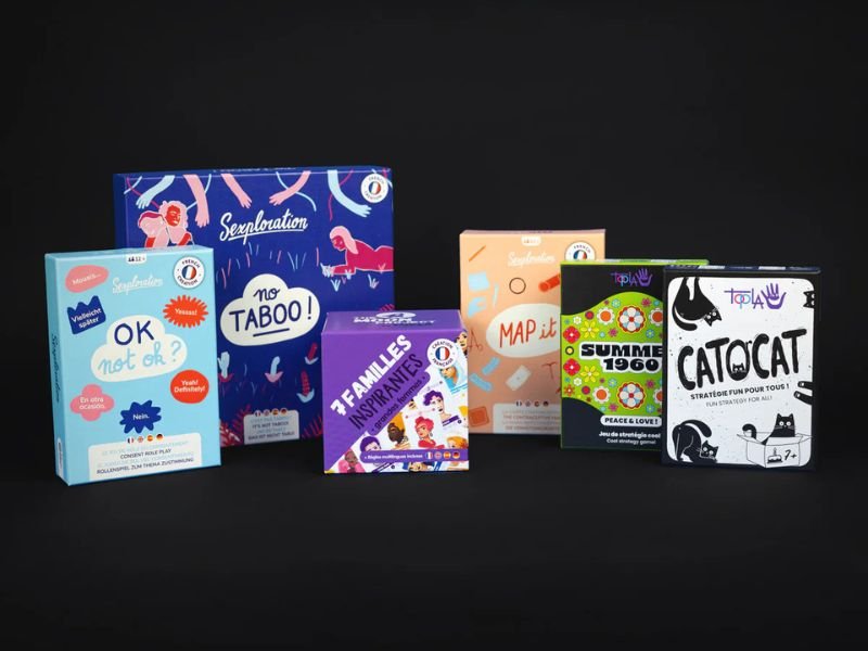 Jeux d’ambiance de la marque Topla incluant Sexploration, no TABOO!, OK not OK?, 7 familles inspirantes, MAP it, Summer 1960 et CATOrCAT