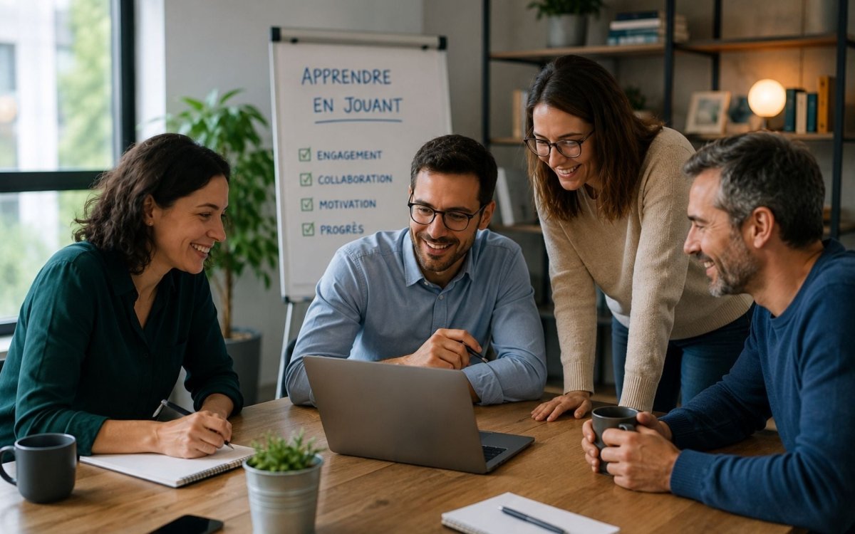 Groupe d'adultes échangeant autour d'une table lors d'un atelier collaboratif, illustrant l'apprentissage par l'échange, la réflexion et la coopération.