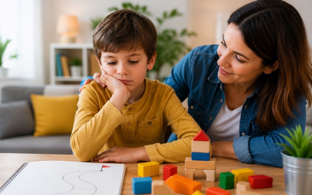 Parent encourageant un enfant pendant une activité d’apprentissage, illustrant le développement de la confiance en soi, de l’autonomie et du sentiment de compétence.
