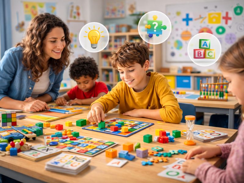Enfants en classe jouant à des jeux éducatifs de logique et de réflexion autour d’une table, illustrant l’apprentissage et la résolution de défis cognitifs par le jeu.