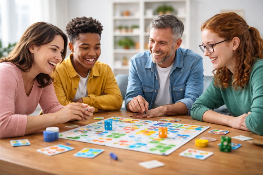 joueurs de profils différents participant ensemble à un jeu de société inclusif autour d’une table
