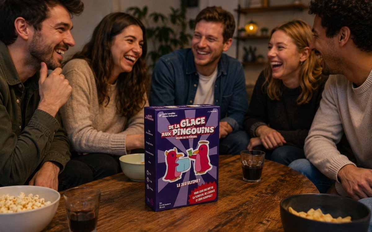 Groupe d'amis riant autour d'une table avec la boîte du jeu De La Glace aux Pingouins au centre, illustrant un moment de convivialité et de partage.