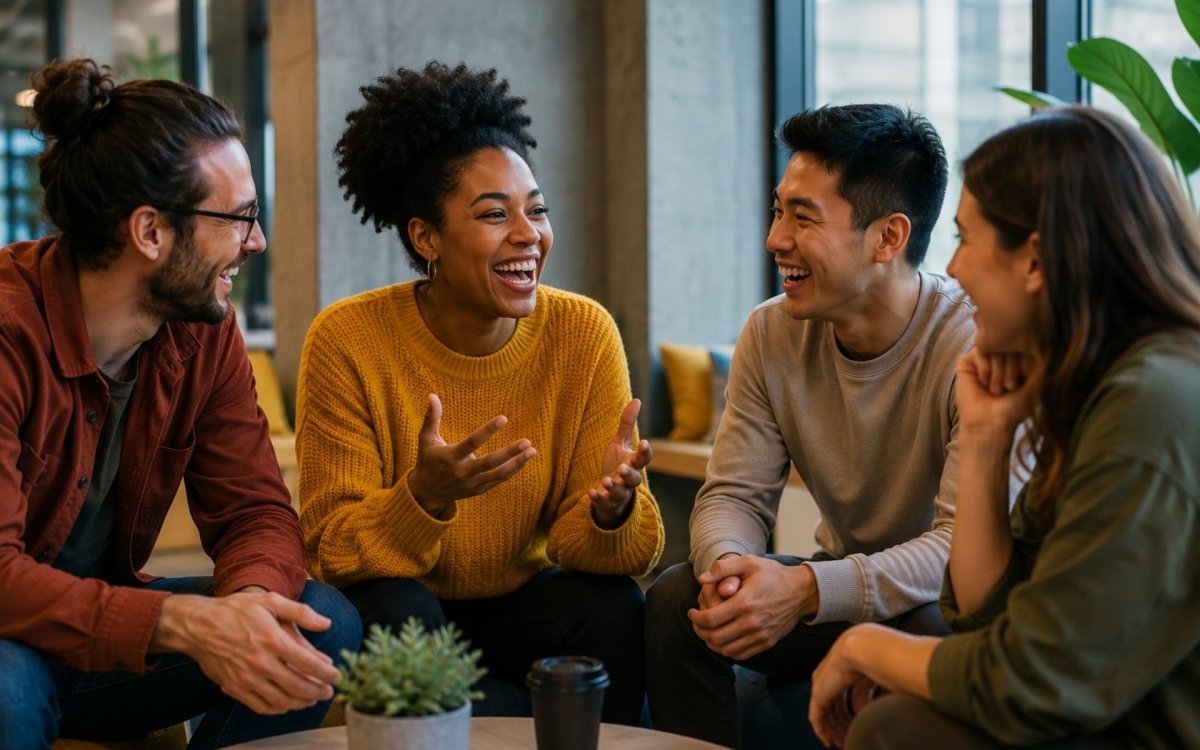 Groupe de personnes échangeant et riant ensemble dans un espace convivial, illustrant comment une expérience partagée peut changer le regard porté sur les autres.