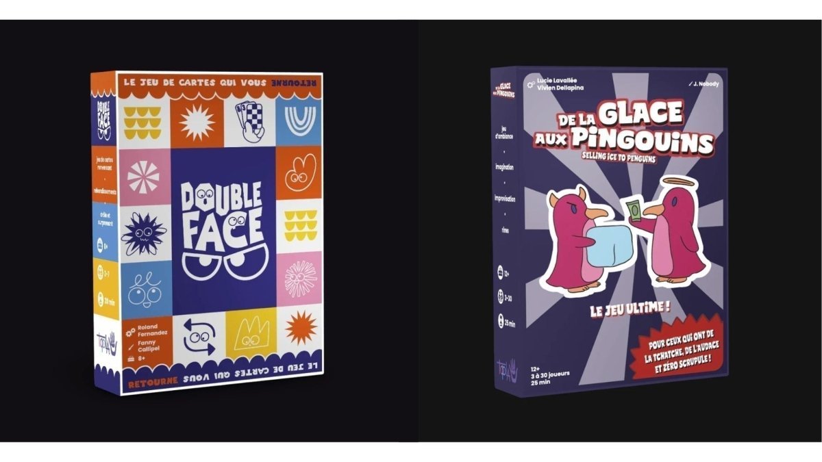Boîtes des jeux de société Topla “Double Face” et “De la glace aux pingouins”, deux jeux d’ambiance colorés et originaux pour animer vos soirées entre amis ou en famille.