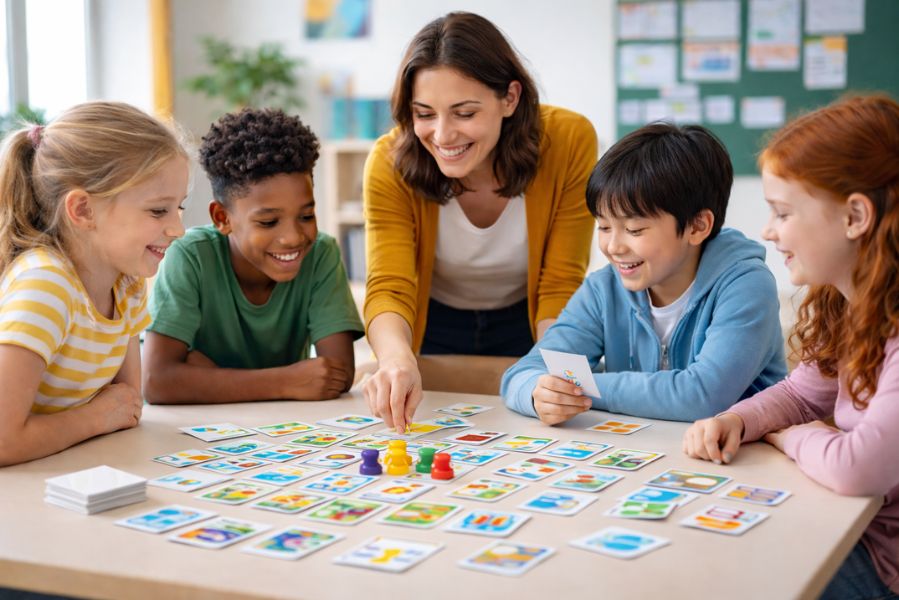 élèves jouant ensemble à un jeu de cartes coopératif en classe avec leur enseignante