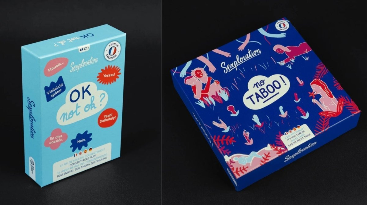 Boîtes des jeux éducatifs "OK not OK ?" et "No Taboo !" de la collection Sexploration, conçus pour aborder le consentement et la sexualité avec les adolescents de manière inclusive et sans tabou.