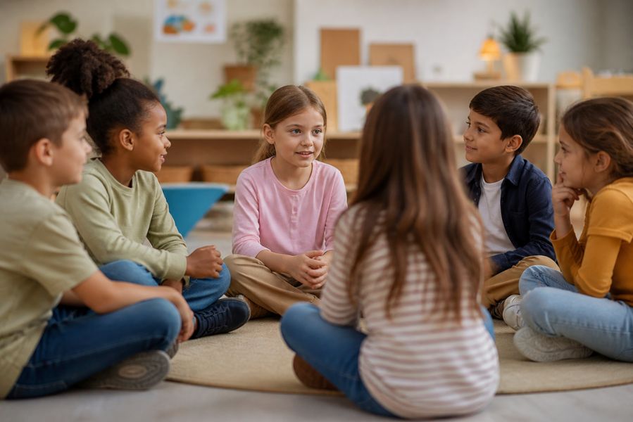 groupe d’enfants assis en cercle en classe échangeant et s’écoutant dans une activité collective favorisant le respect et la communication