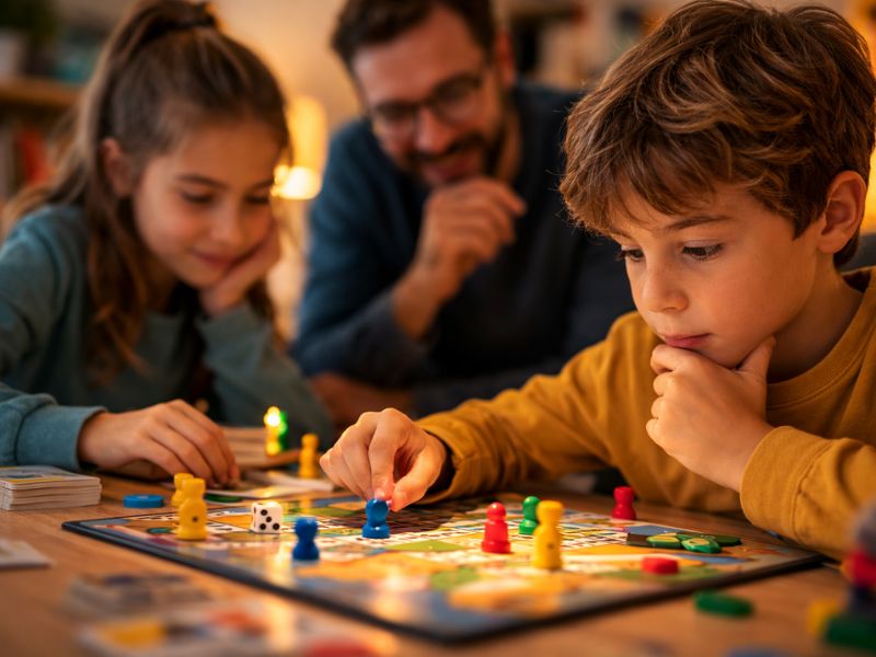 Enfant concentré en train de jouer à un jeu de société sur une table, illustrant l’attention et la réflexion mobilisées pendant une partie.