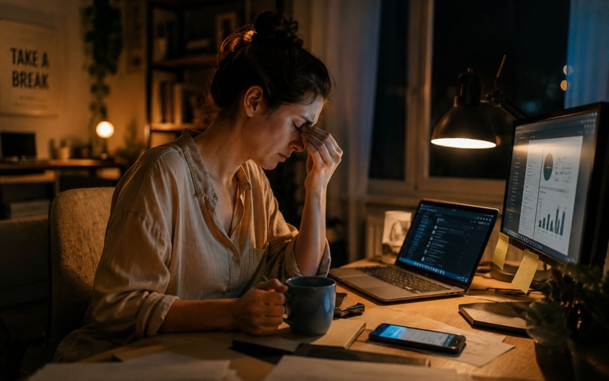 Personne fatiguée devant plusieurs écrans en fin de journée, illustrant la surcharge mentale liée au numérique avant un moment de déconnexion.
